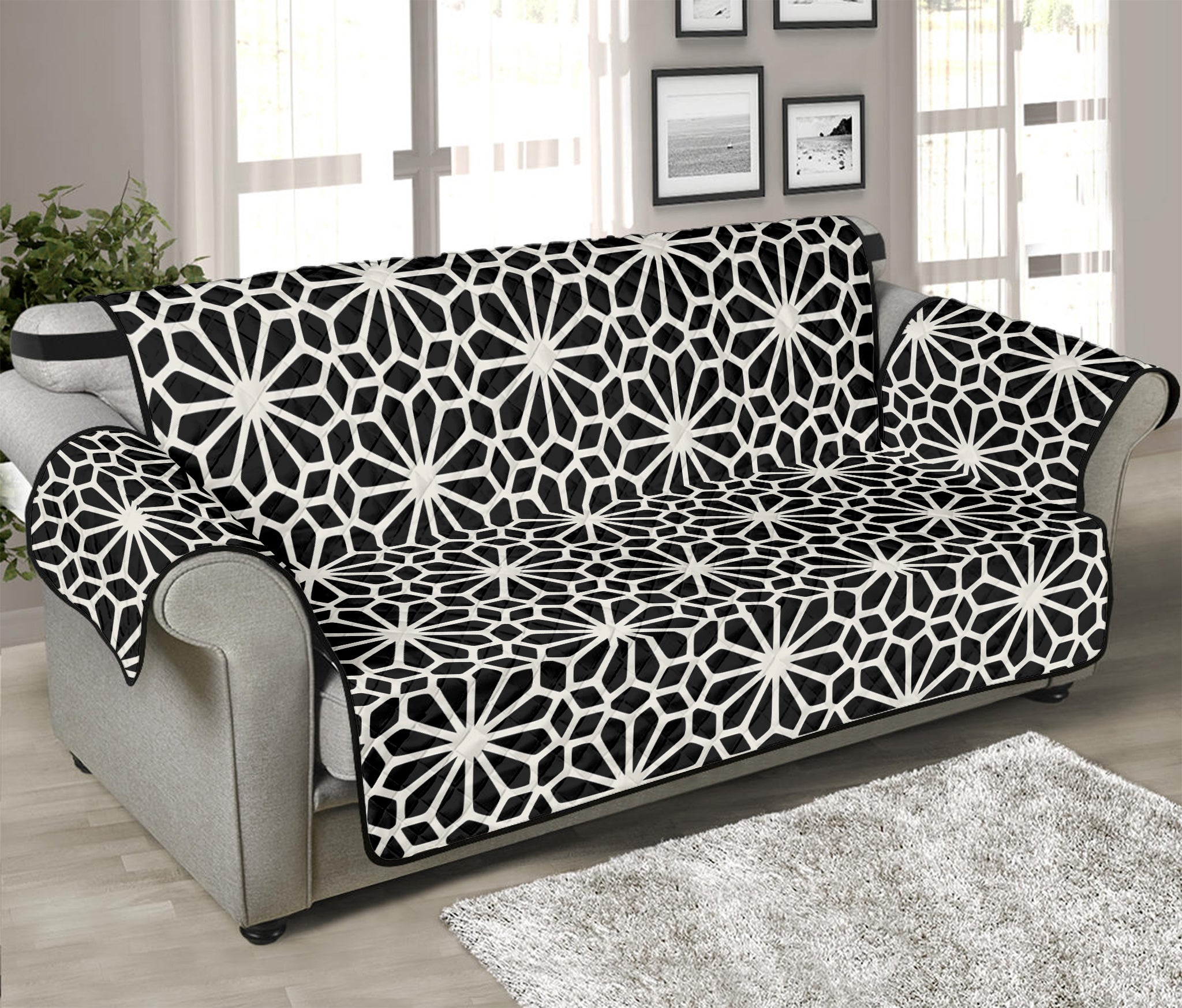 Black And White Geometric Floral Print Sofa Protector