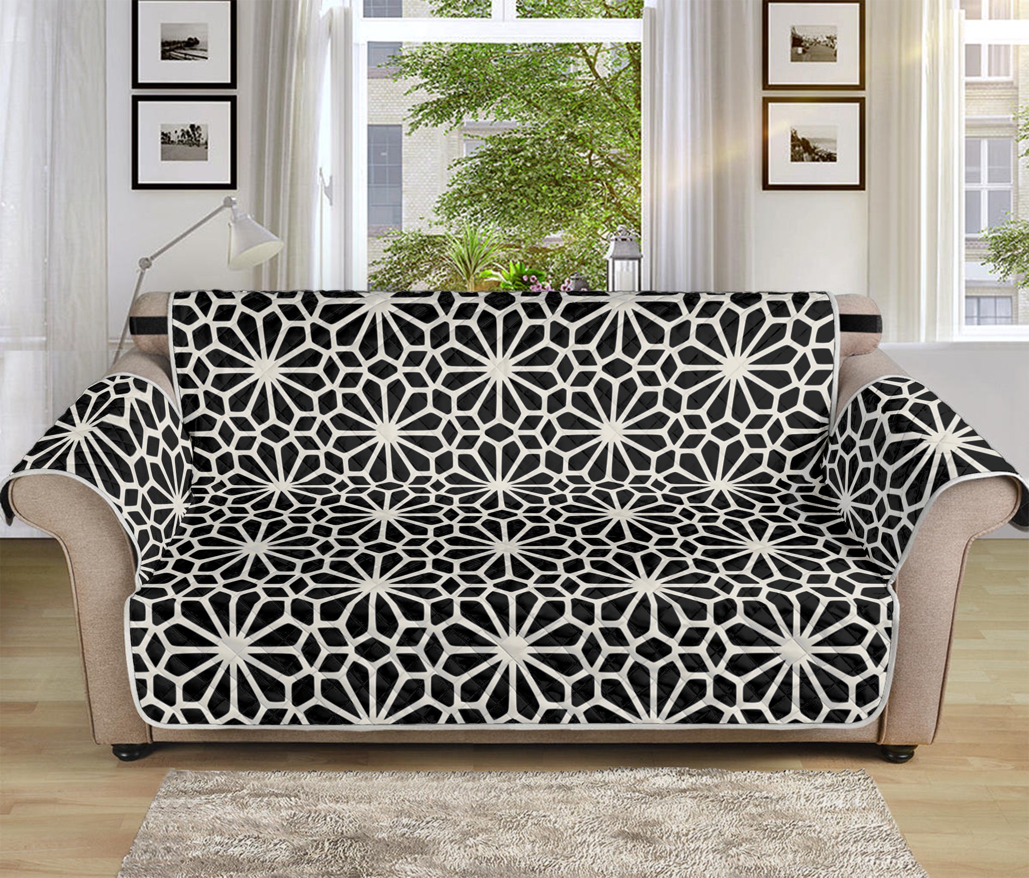 Black And White Geometric Floral Print Sofa Protector