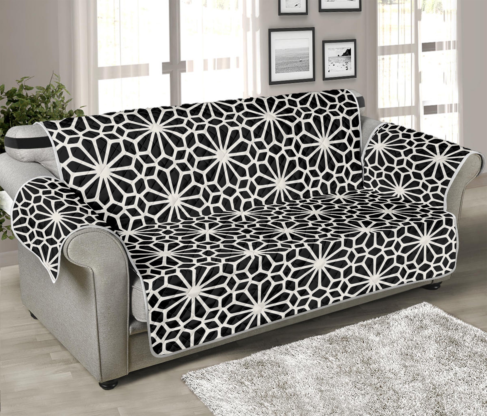 Black And White Geometric Floral Print Sofa Protector