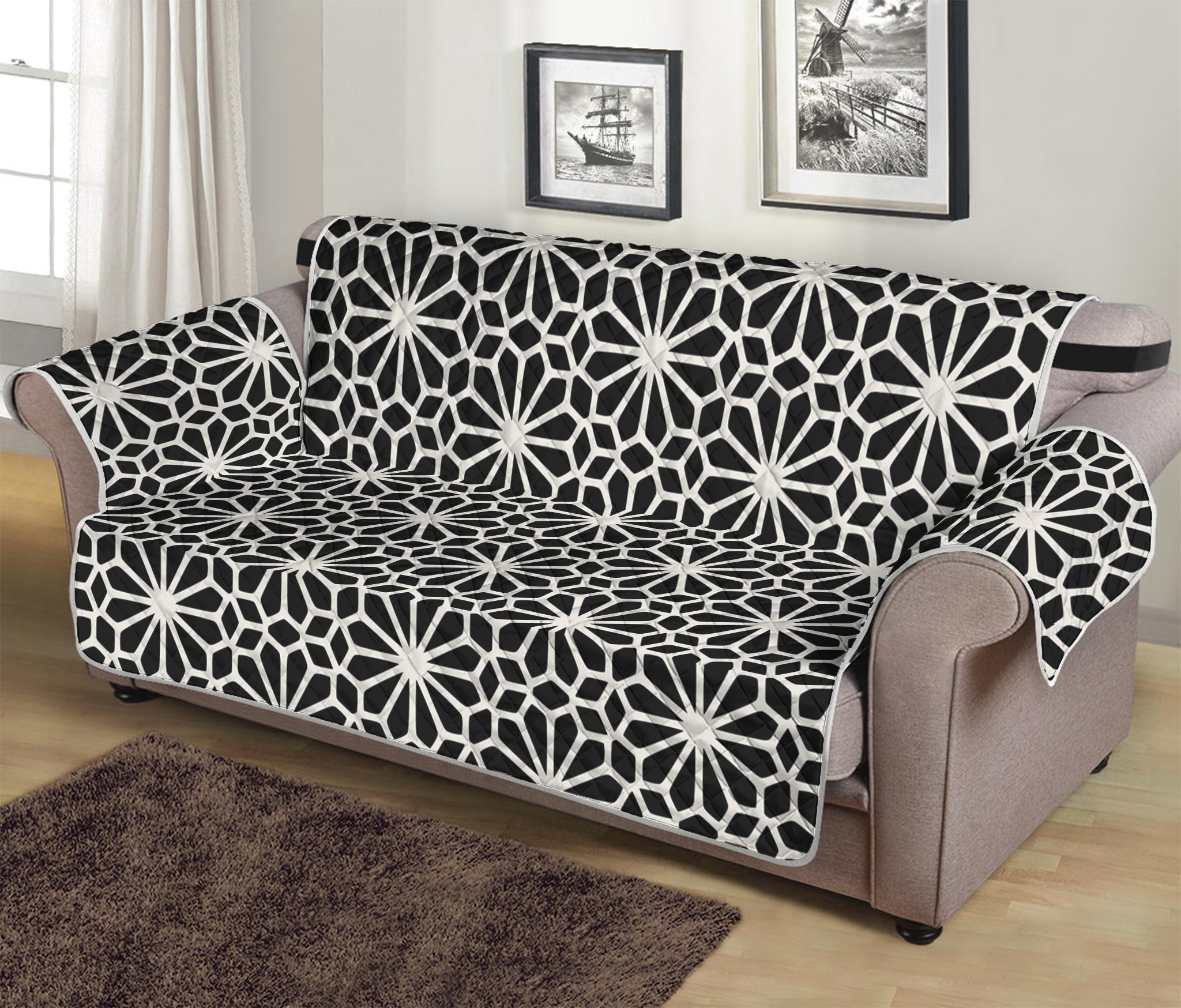 Black And White Geometric Floral Print Sofa Protector