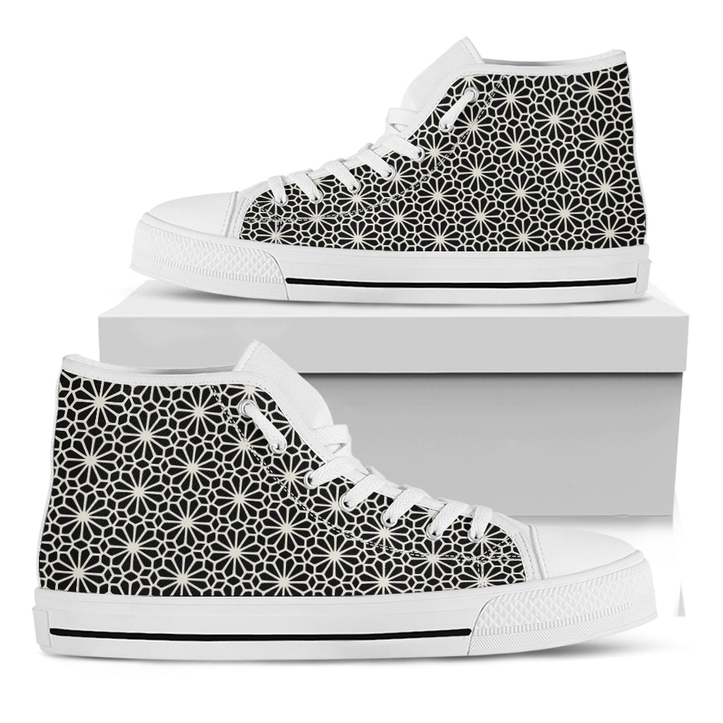 Black And White Geometric Floral Print White High Top Shoes