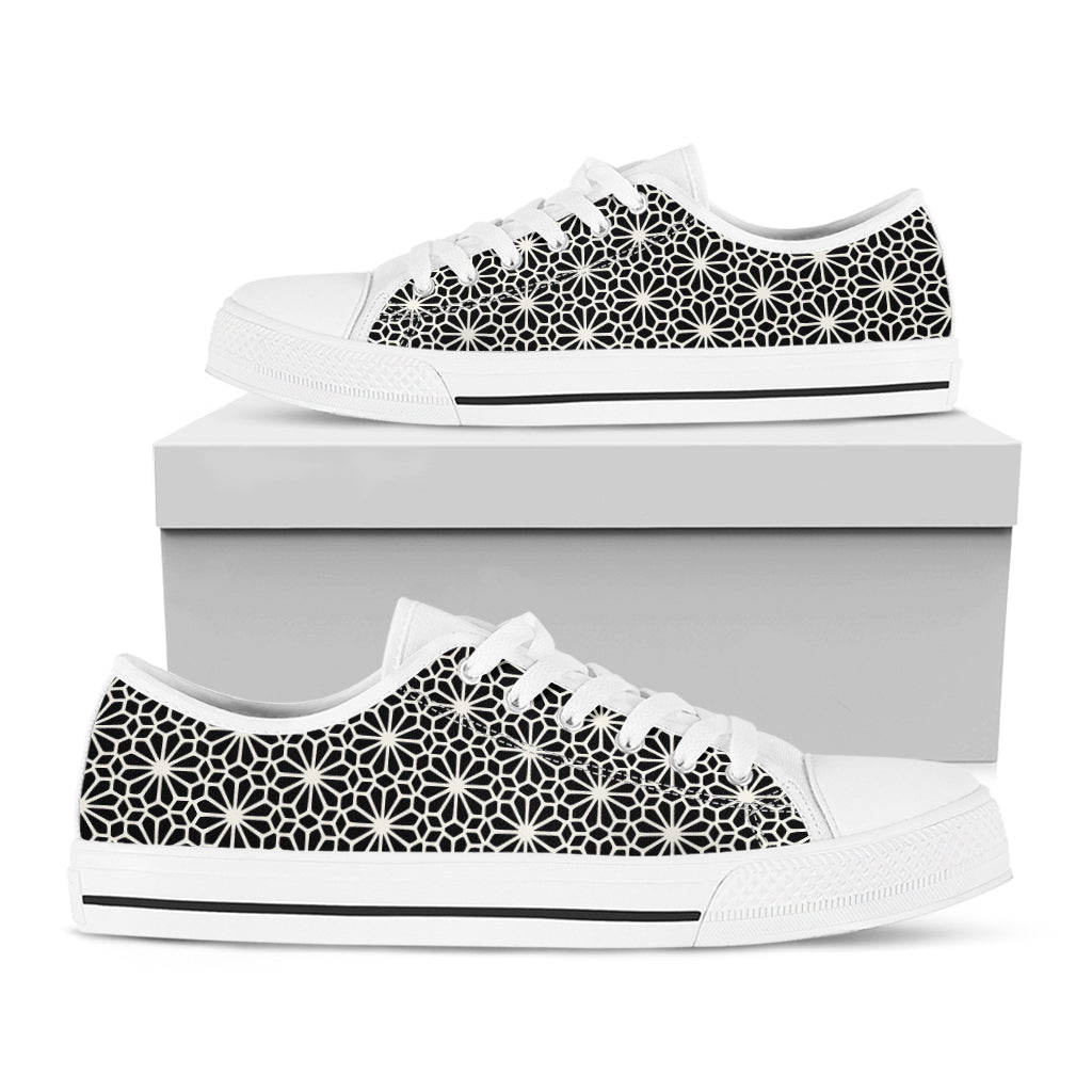 Black And White Geometric Floral Print White Low Top Shoes