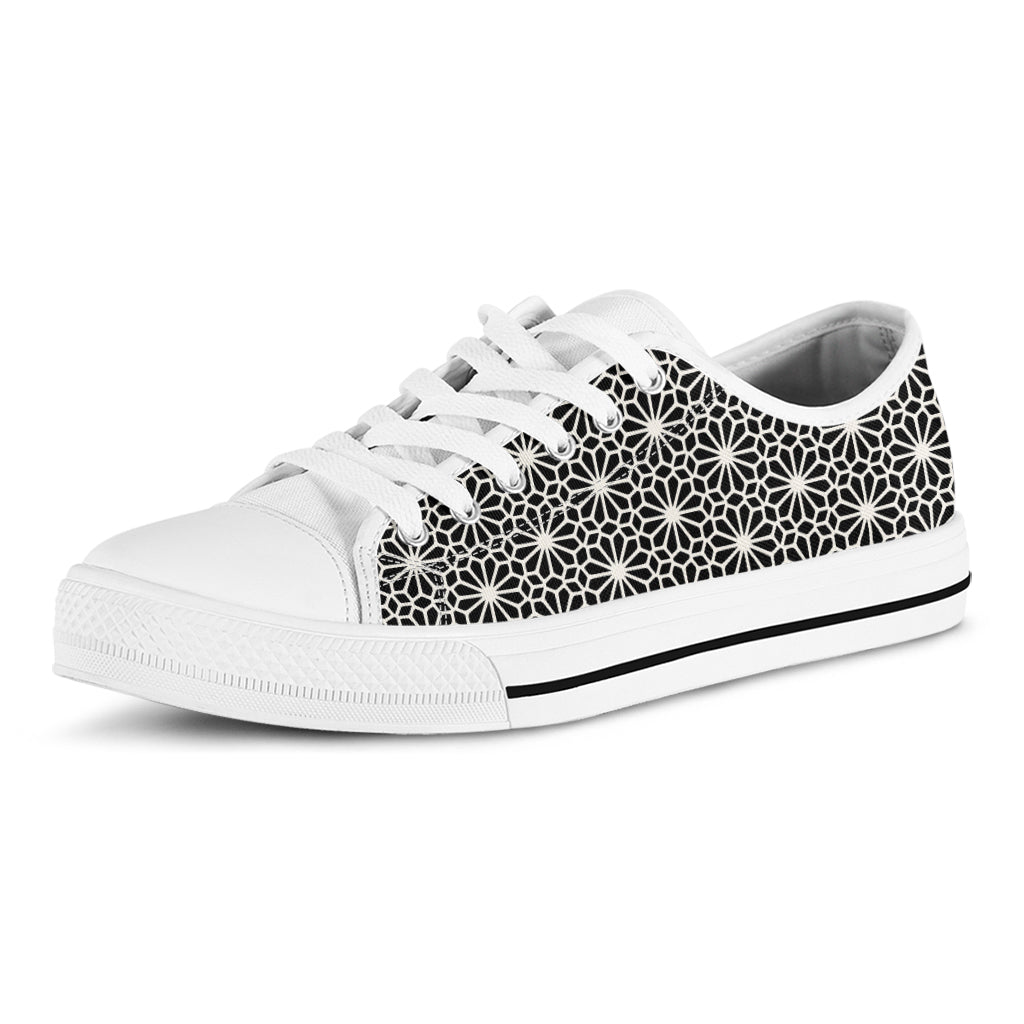 Black And White Geometric Floral Print White Low Top Shoes