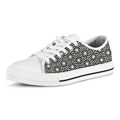 Black And White Geometric Floral Print White Low Top Shoes