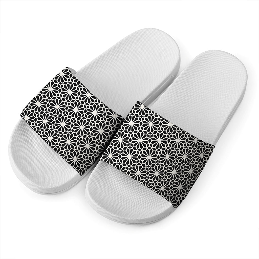 Black And White Geometric Floral Print White Slide Sandals