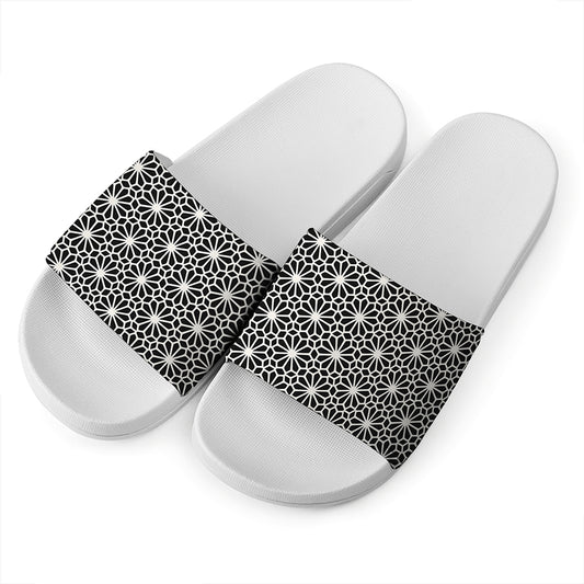 Black And White Geometric Floral Print White Slide Sandals