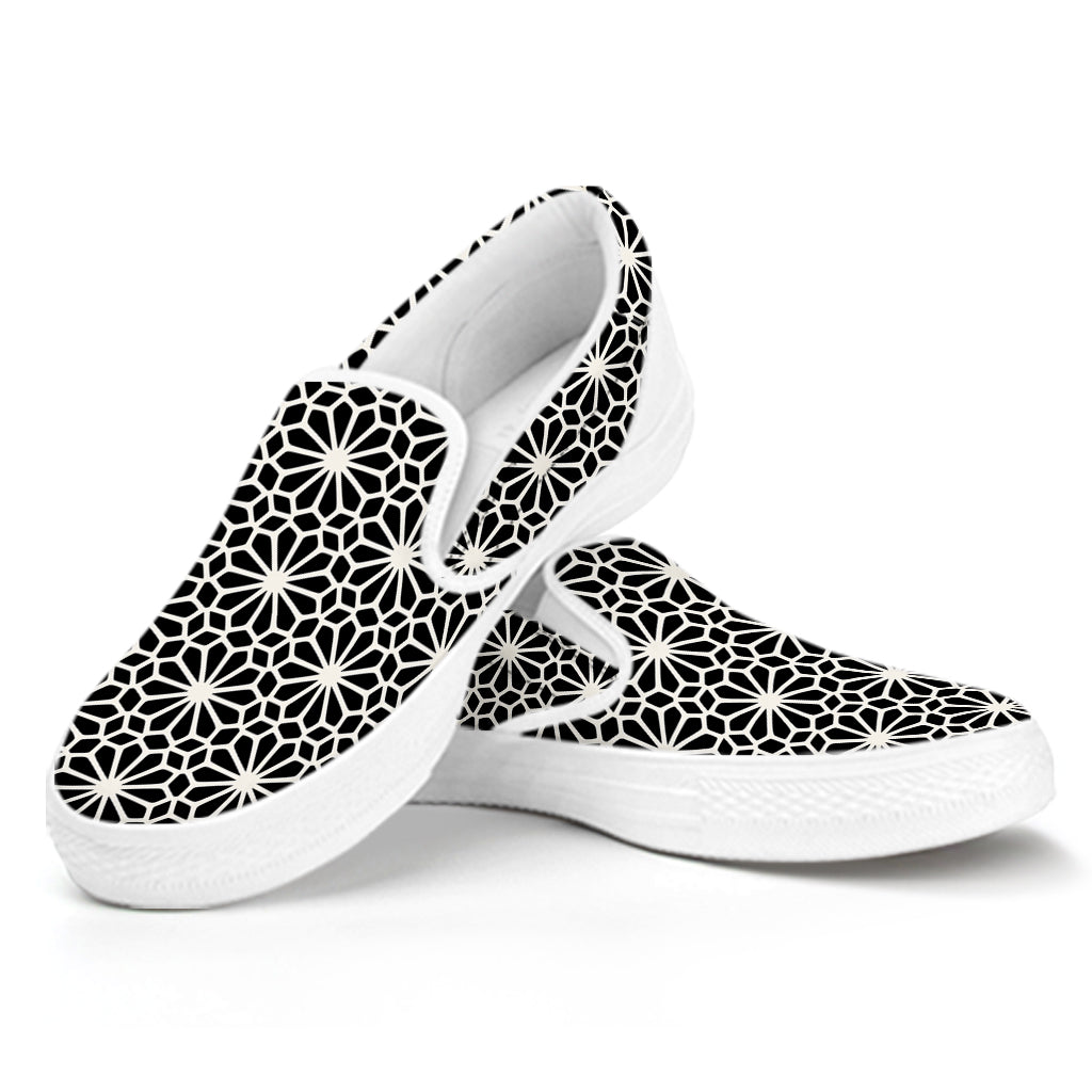 Black And White Geometric Floral Print White Slip On Shoes