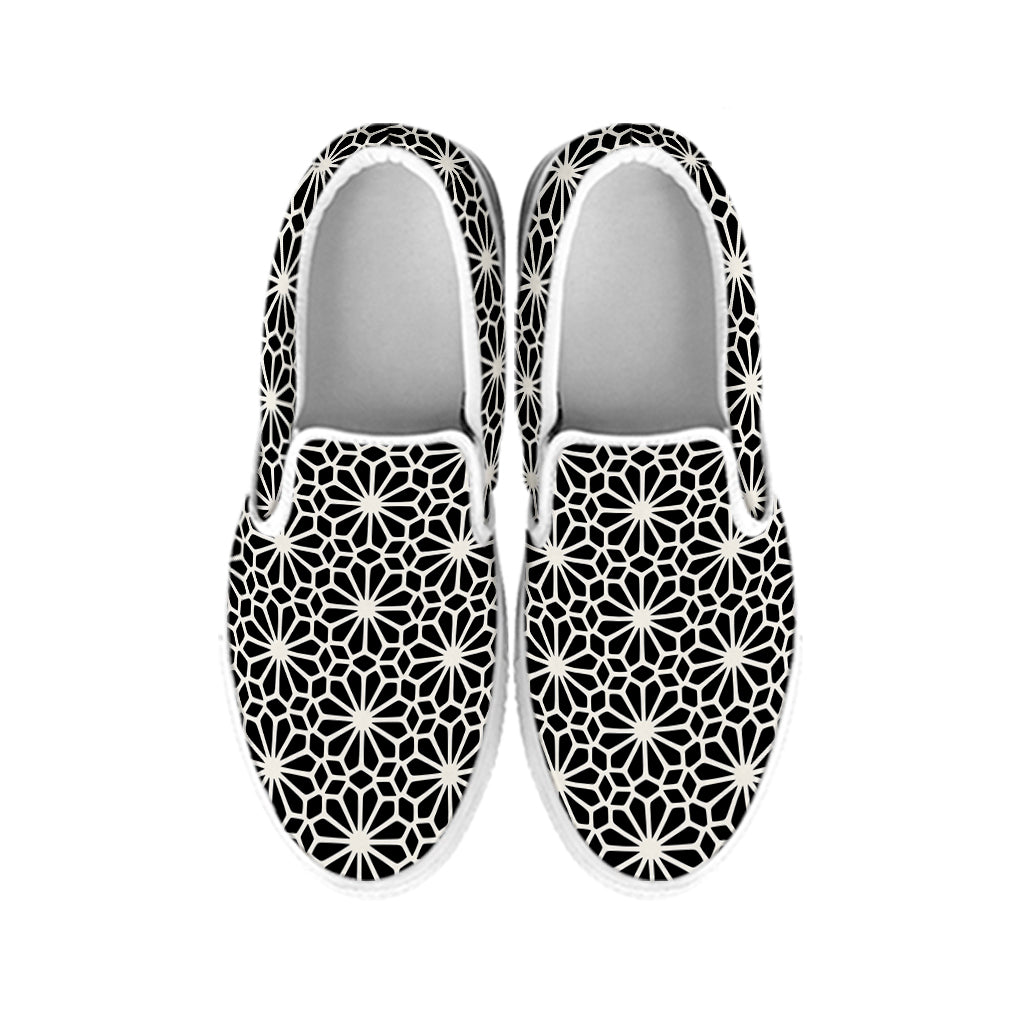 Black And White Geometric Floral Print White Slip On Shoes