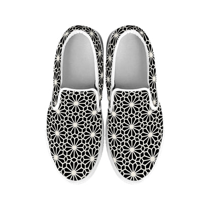 Black And White Geometric Floral Print White Slip On Shoes