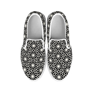 Black And White Geometric Floral Print White Slip On Shoes