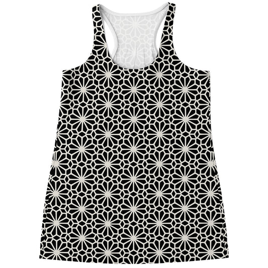 Black And White Geometric Floral Print Women's Racerback Tank Top