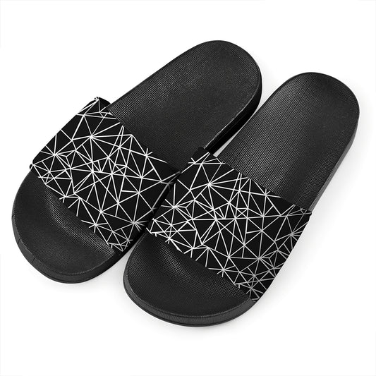Black And White Geometric Mosaic Print Black Slide Sandals