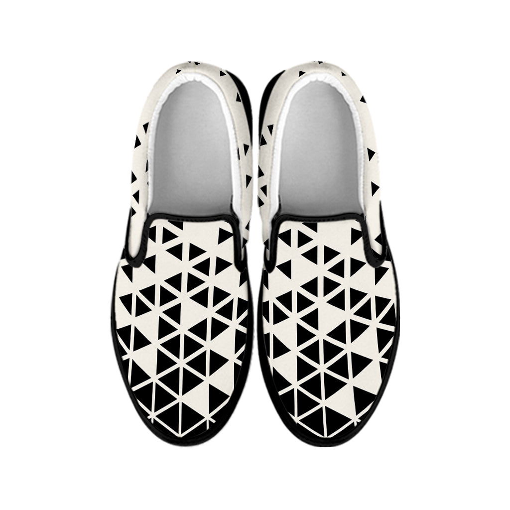 Black And White Geometric Pattern Print Black Slip On Shoes