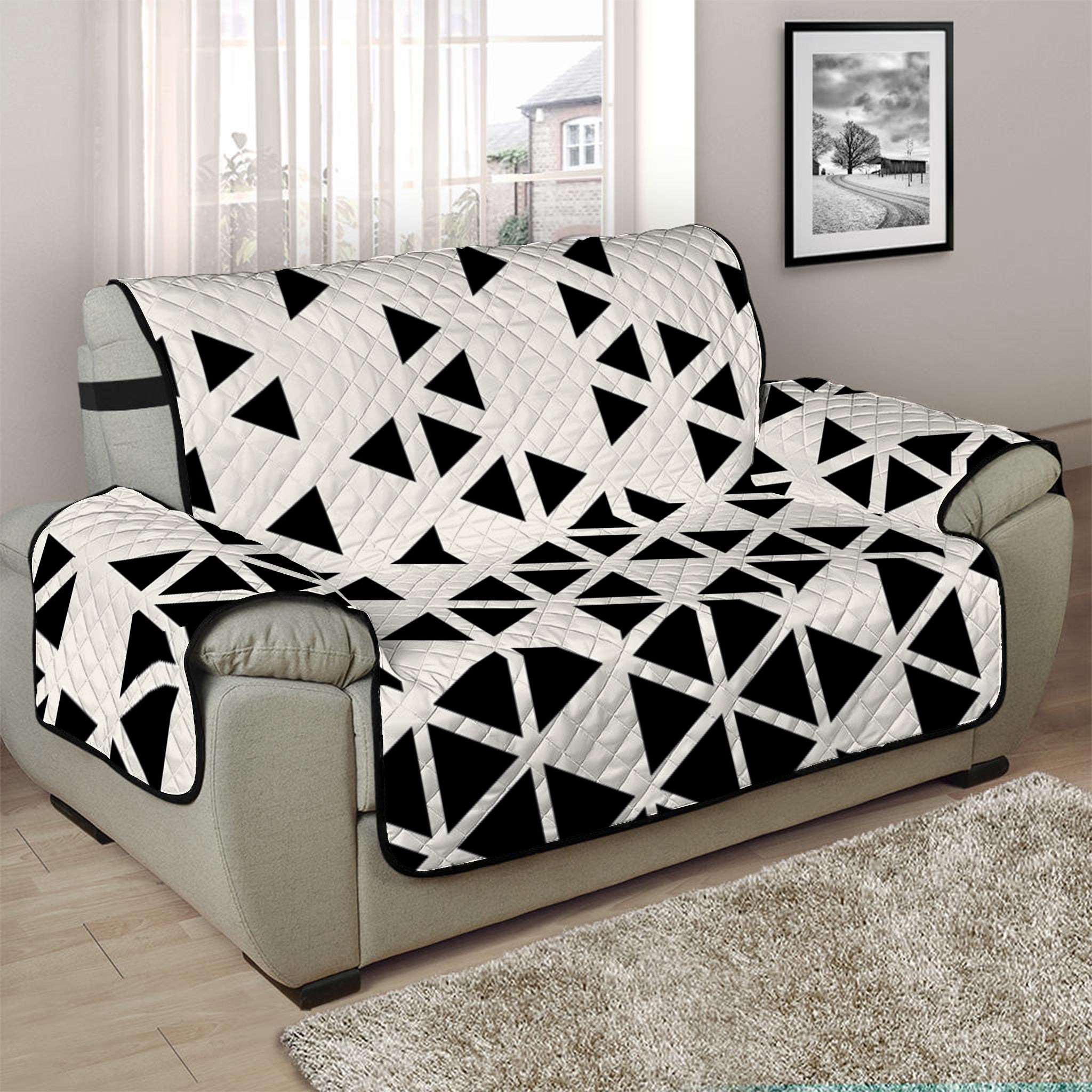 Black And White Geometric Pattern Print Half Sofa Protector