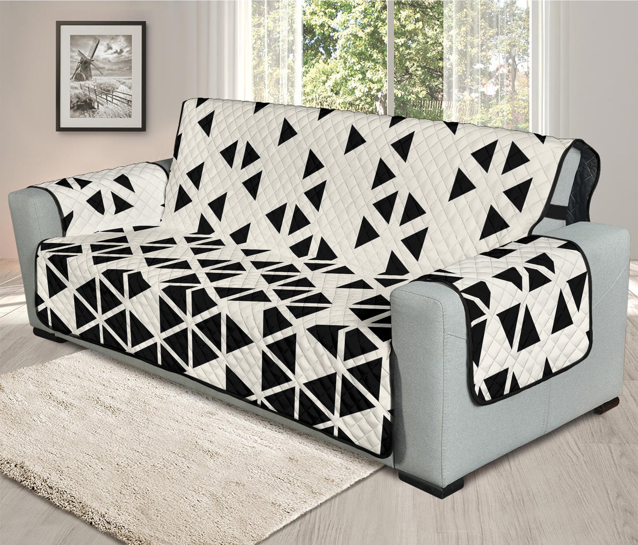 Black And White Geometric Pattern Print Oversized Sofa Protector