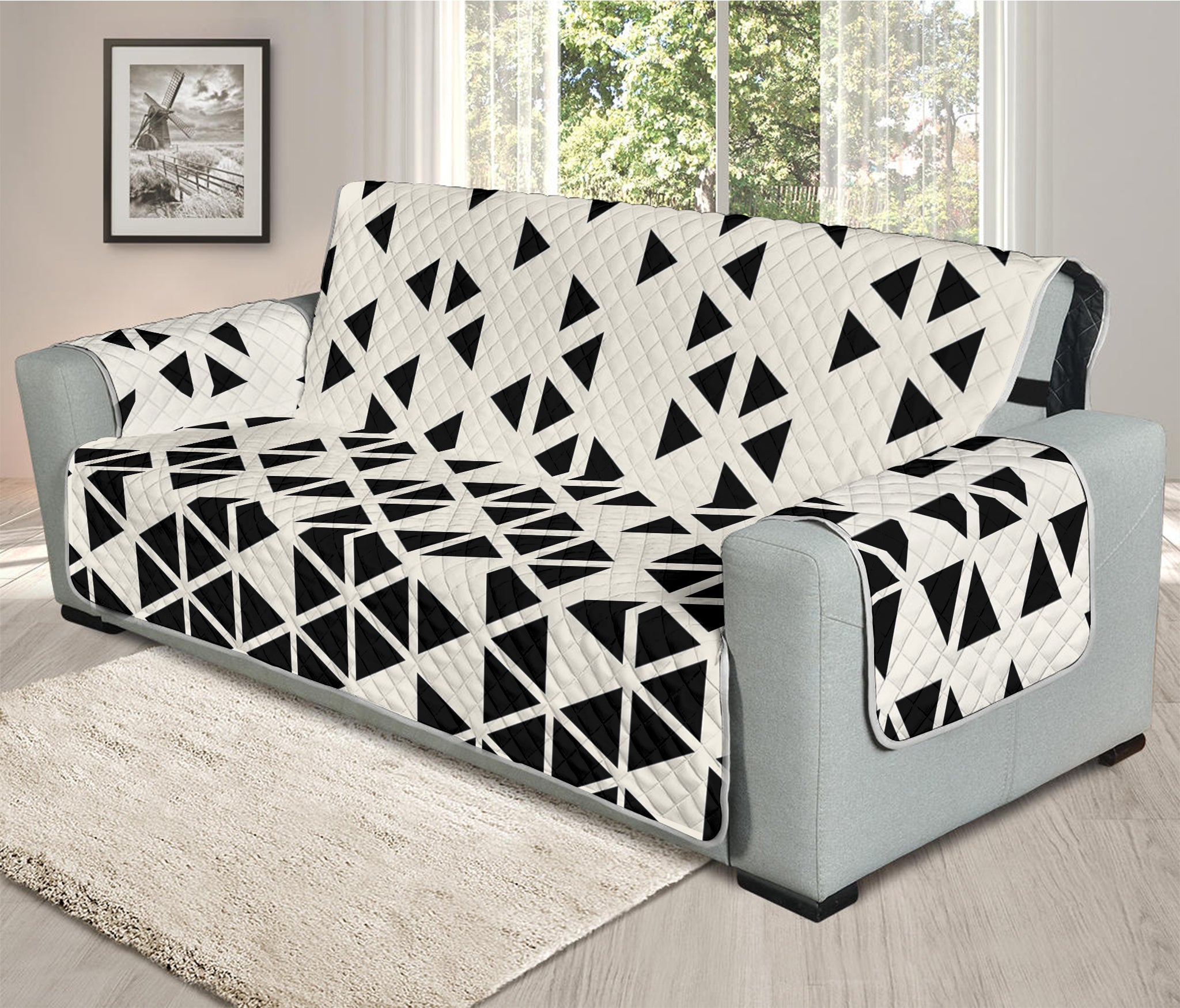 Black And White Geometric Pattern Print Oversized Sofa Protector