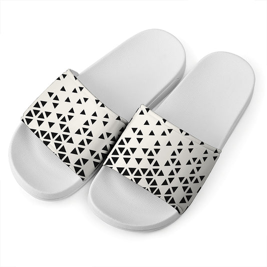 Black And White Geometric Pattern Print White Slide Sandals