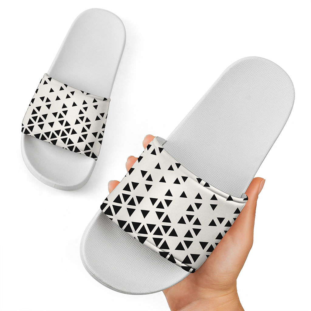 Black And White Geometric Pattern Print White Slide Sandals