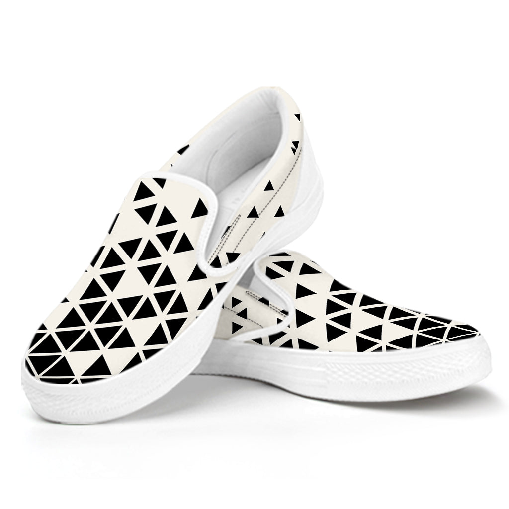 Black And White Geometric Pattern Print White Slip On Shoes