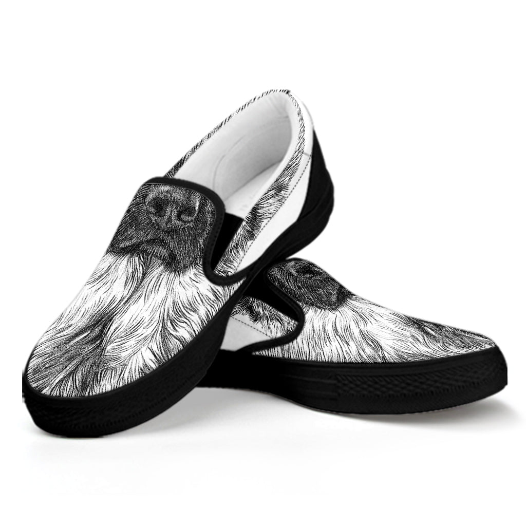 Black And White German Shepherd Print Black Slip On Shoes