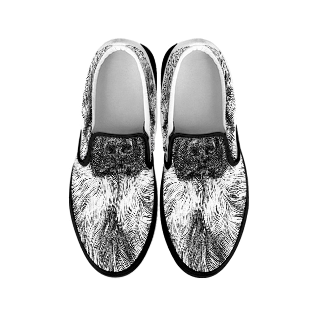 Black And White German Shepherd Print Black Slip On Shoes