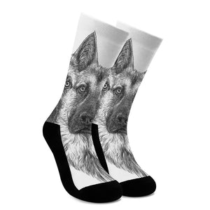 Black And White German Shepherd Print Crew Socks