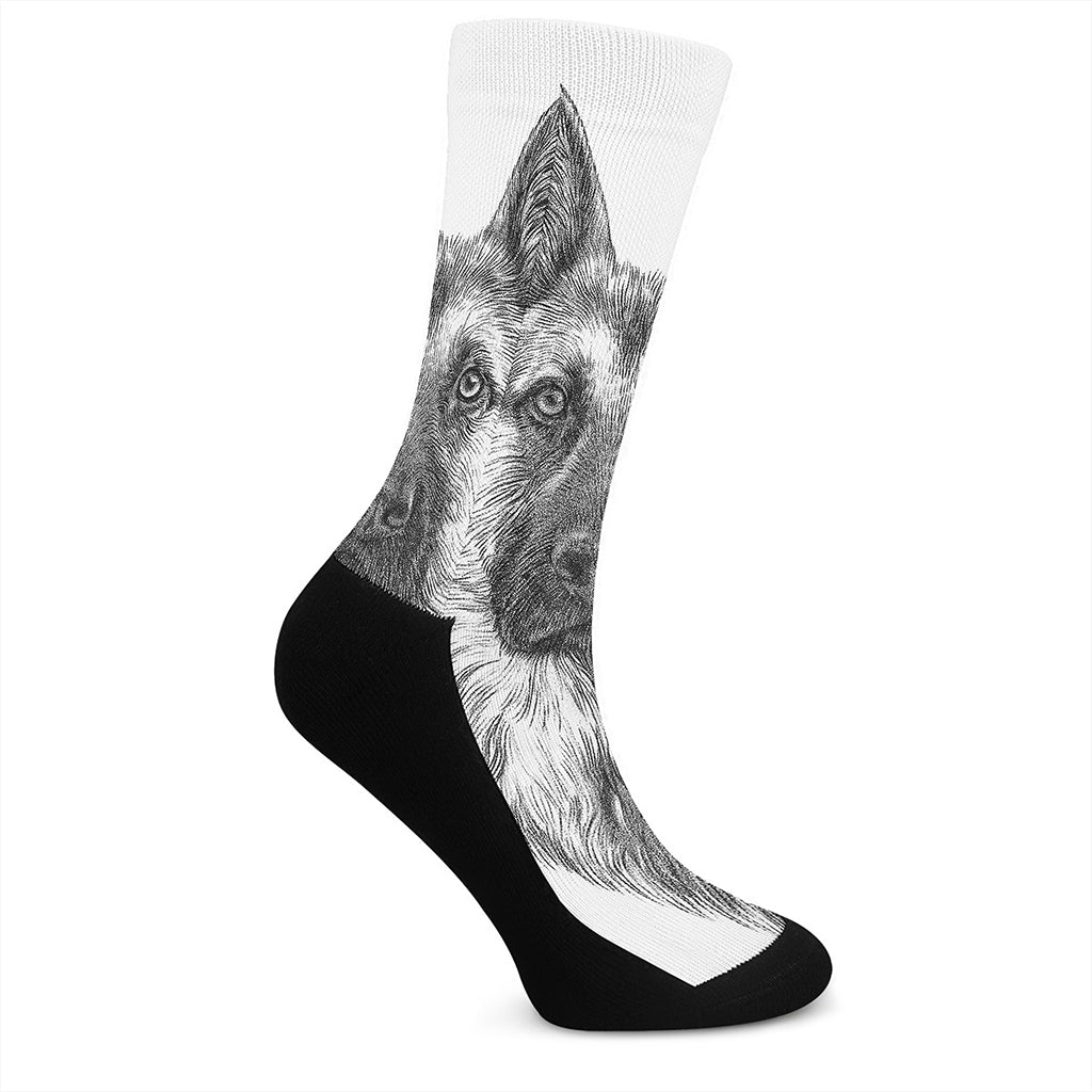 Black And White German Shepherd Print Crew Socks