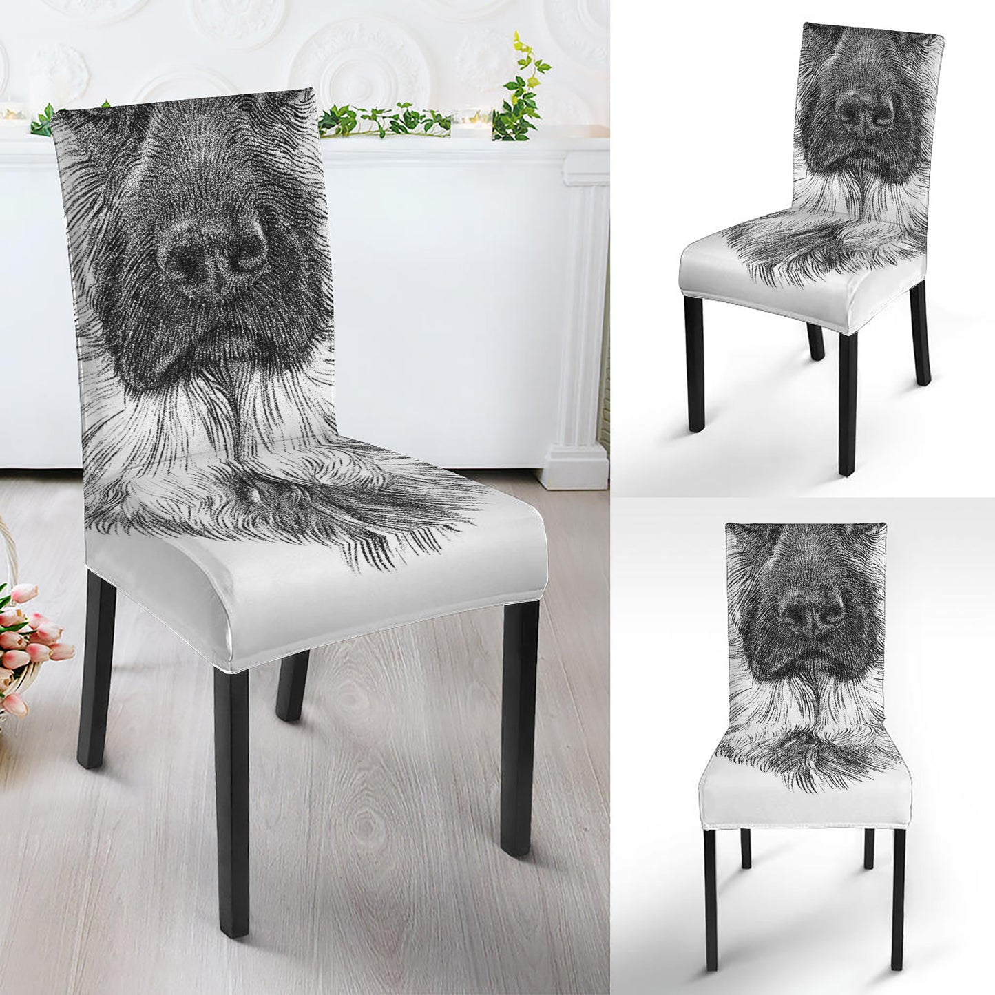 Black And White German Shepherd Print Dining Chair Slipcover