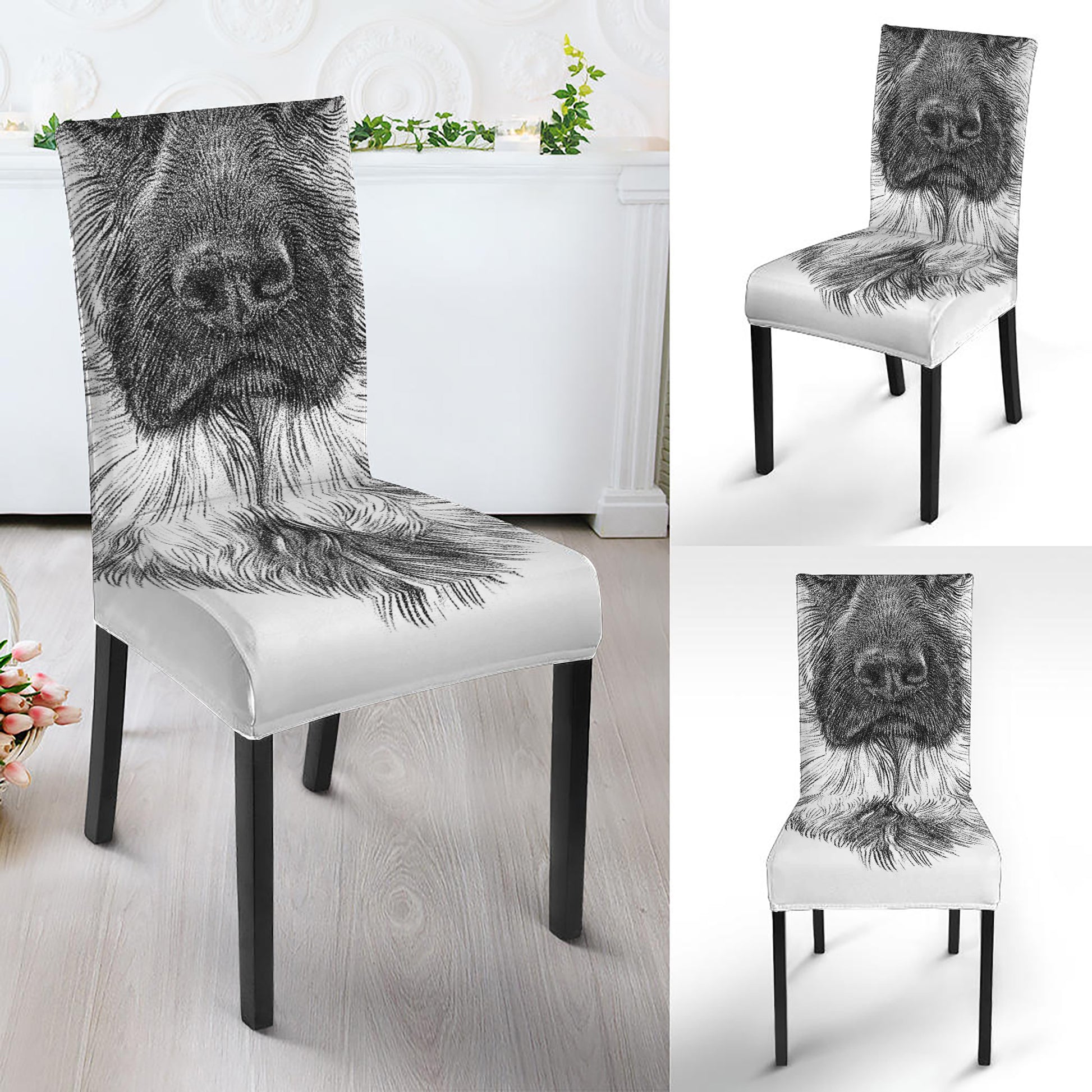 Black And White German Shepherd Print Dining Chair Slipcover