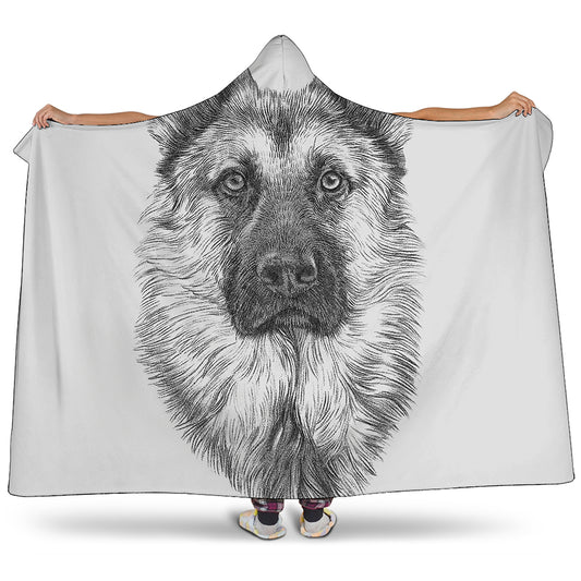 Black And White German Shepherd Print Hooded Blanket