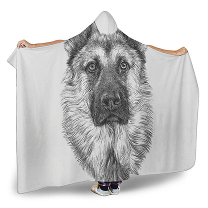 Black And White German Shepherd Print Hooded Blanket