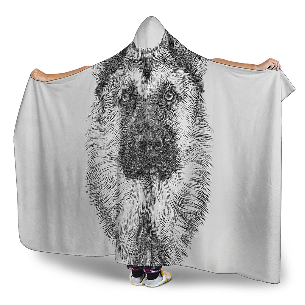 Black And White German Shepherd Print Hooded Blanket