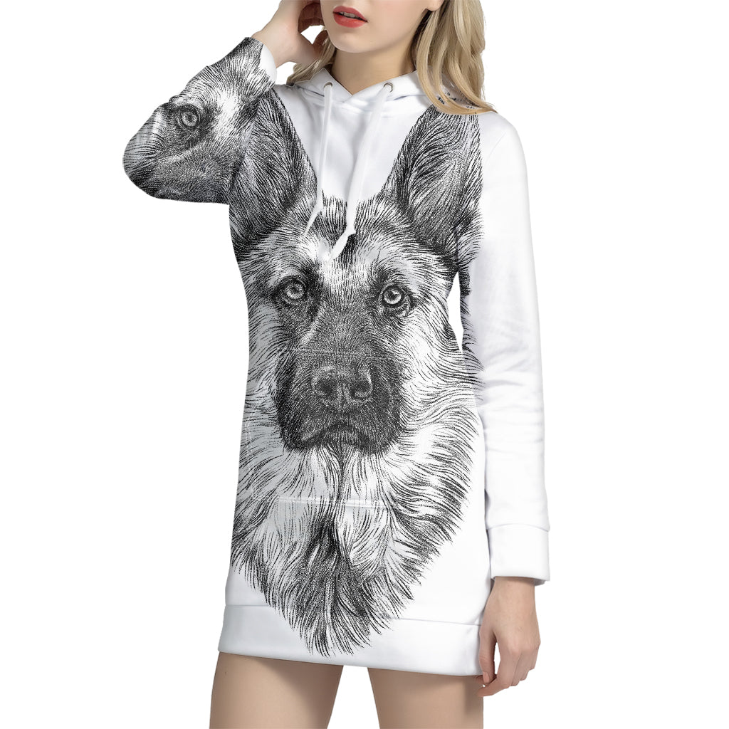 Black And White German Shepherd Print Pullover Hoodie Dress