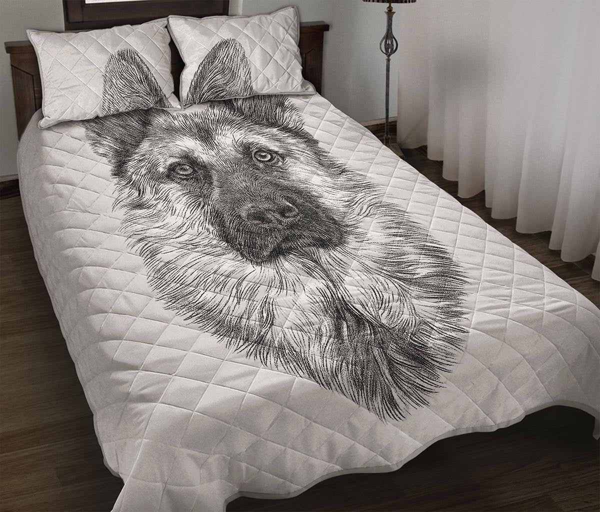 Black And White German Shepherd Print Quilt Bed Set
