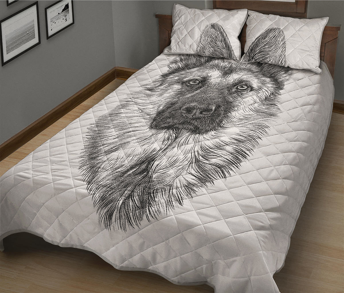 Black And White German Shepherd Print Quilt Bed Set