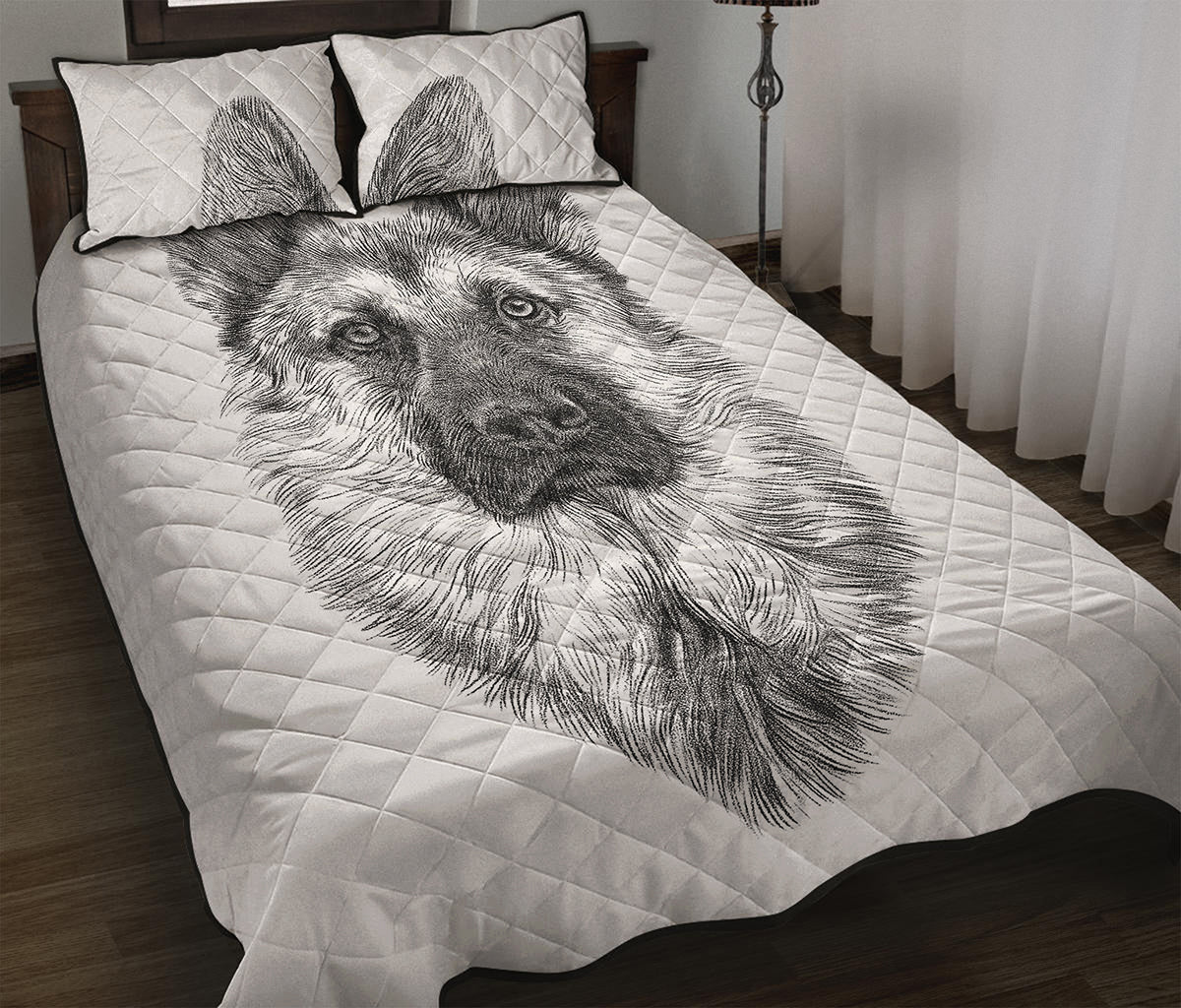 Black And White German Shepherd Print Quilt Bed Set