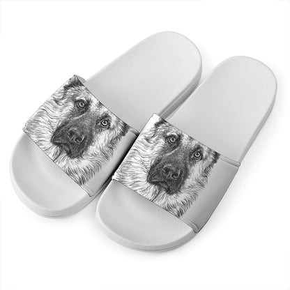 Black And White German Shepherd Print White Slide Sandals