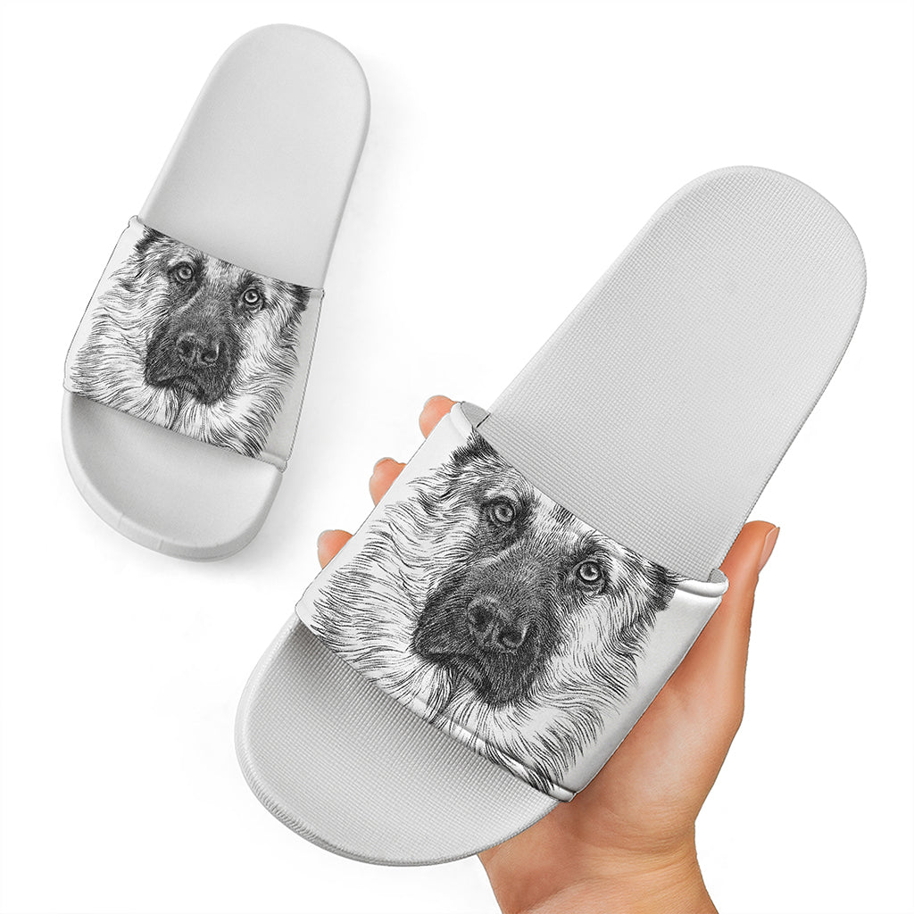 Black And White German Shepherd Print White Slide Sandals