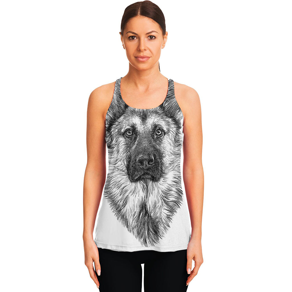 Black And White German Shepherd Print Women's Racerback Tank Top