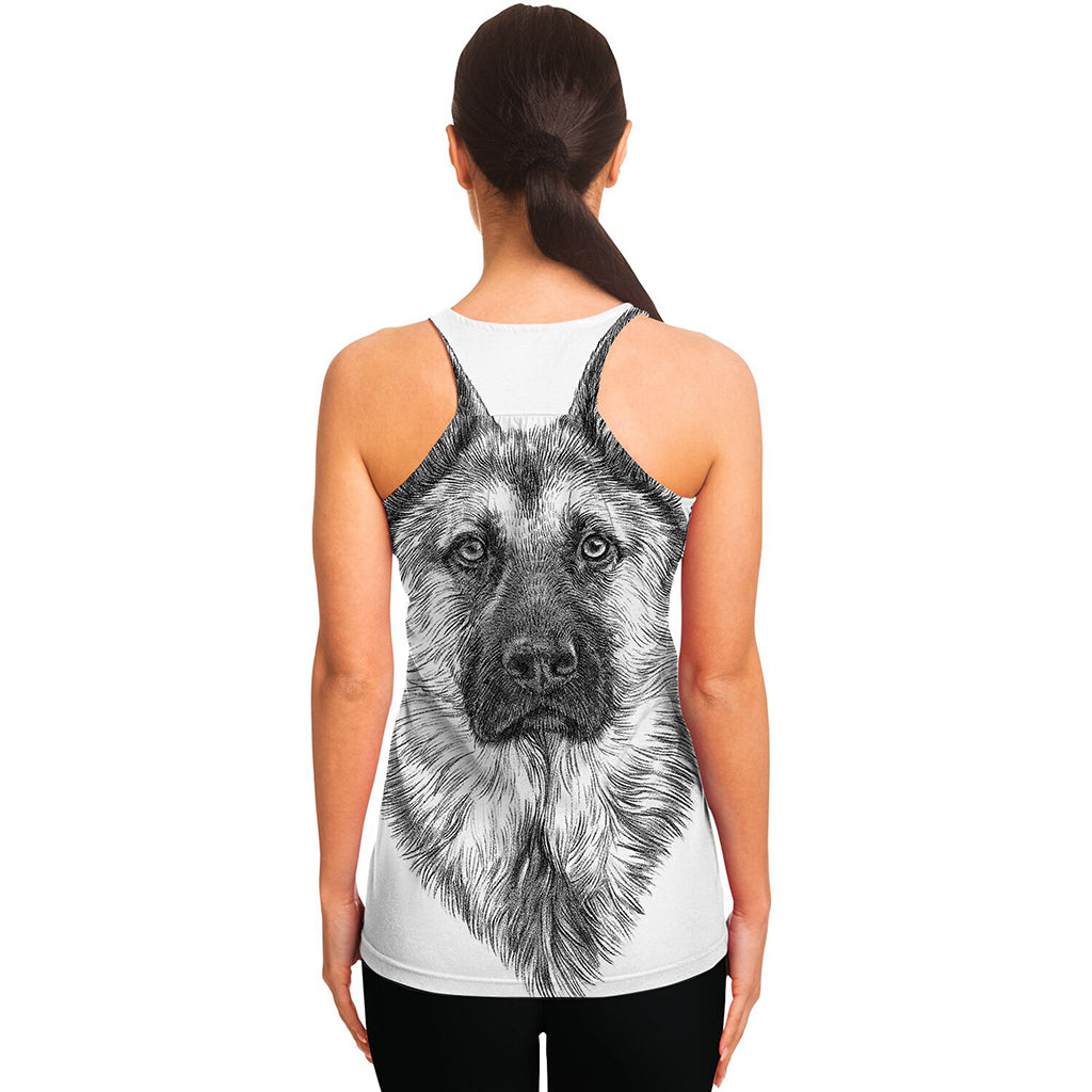 Black And White German Shepherd Print Women's Racerback Tank Top