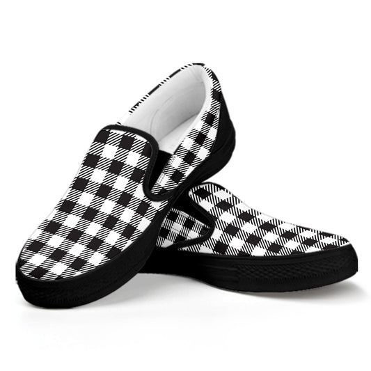 Black And White Gingham Pattern Print Black Slip On Shoes