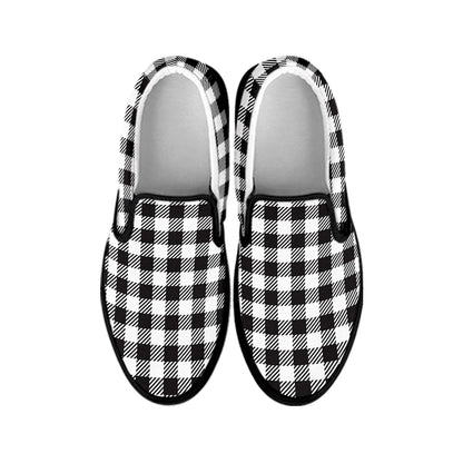 Black And White Gingham Pattern Print Black Slip On Shoes