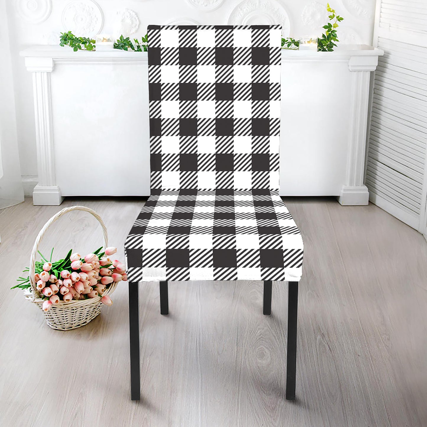 Black And White Gingham Pattern Print Dining Chair Slipcover