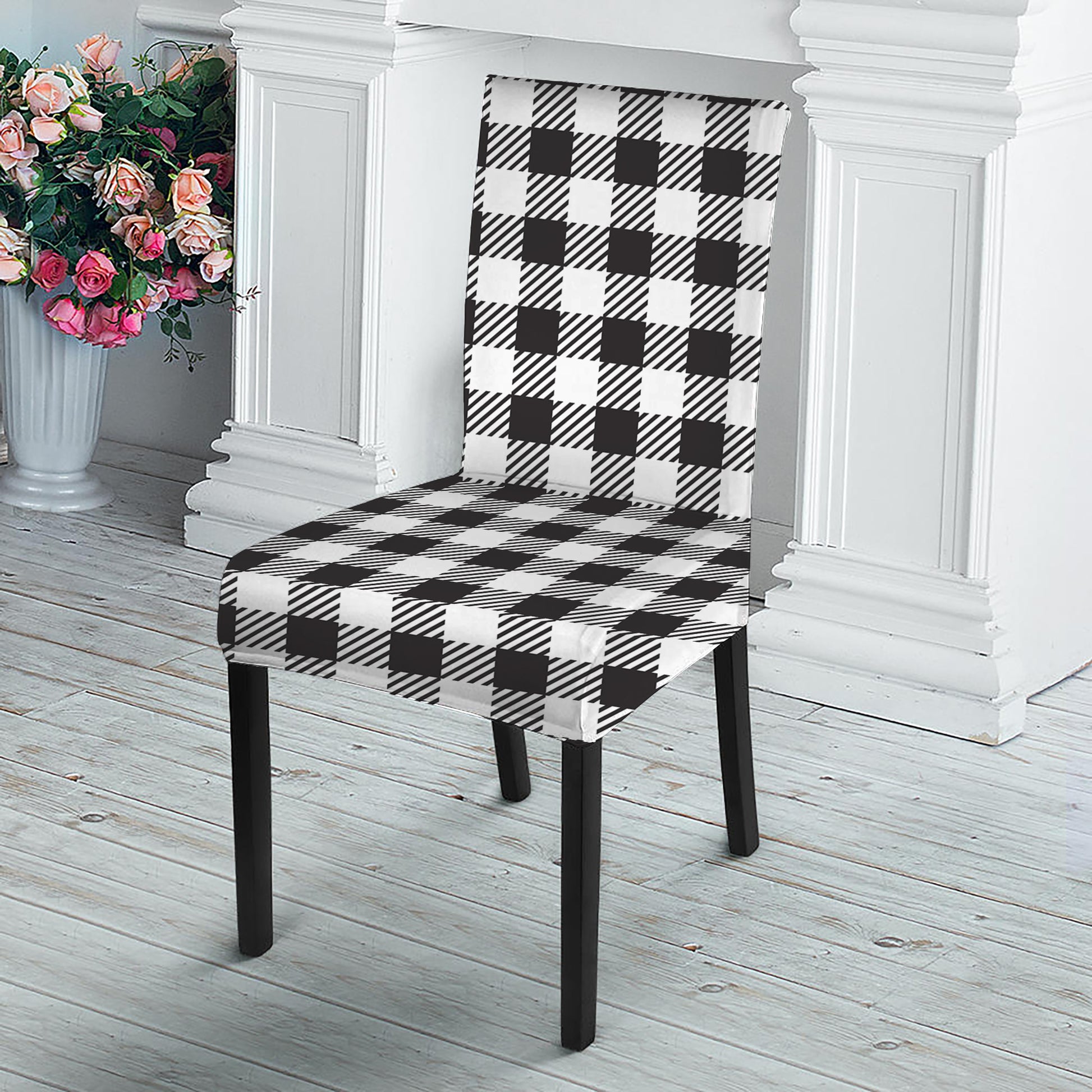 Black And White Gingham Pattern Print Dining Chair Slipcover