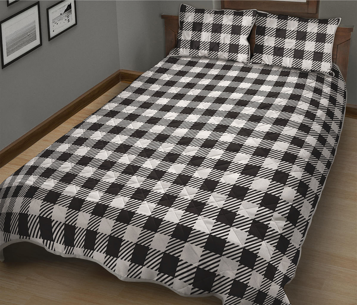 Black And White Gingham Pattern Print Quilt Bed Set