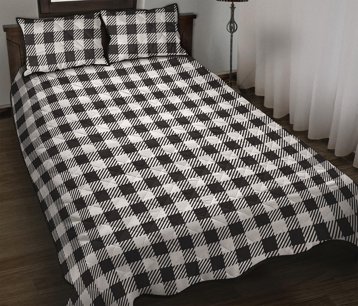 Black And White Gingham Pattern Print Quilt Bed Set