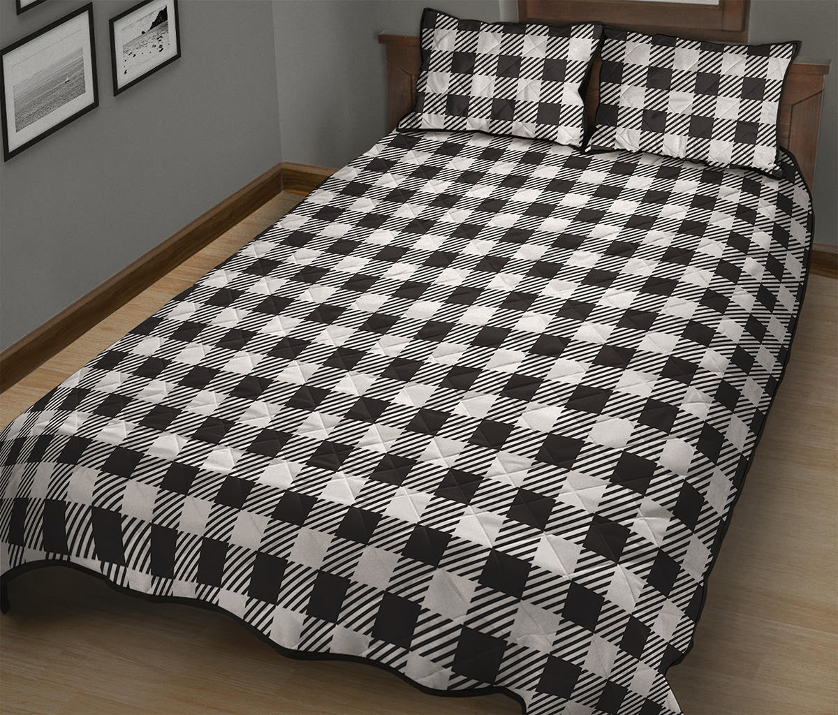 Black And White Gingham Pattern Print Quilt Bed Set