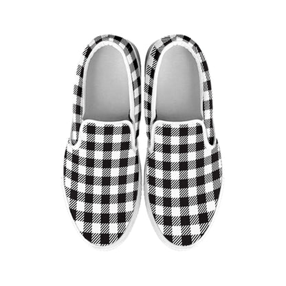 Black And White Gingham Pattern Print White Slip On Shoes