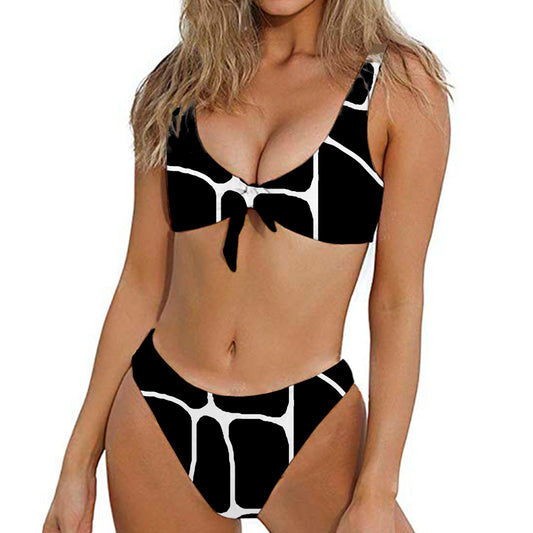Black And White Giraffe Pattern Print Front Bow Tie Bikini