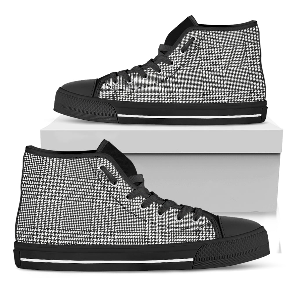 Black And White Glen Plaid Print Black High Top Shoes